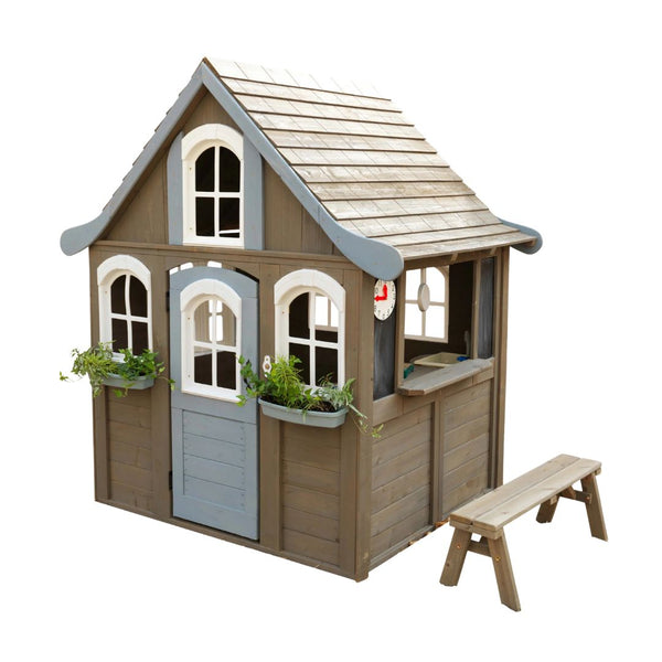 KidKraft Forestview II Wooden Outdoor Playhouse with Kitchen, Chalkboard, Working Doorbell, Serving Window & Bench – Backyard Play for Kids Ages 3-10