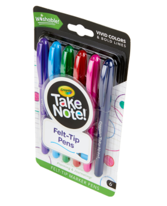 Take Note Washable Felt Tip Pens, 6 Count