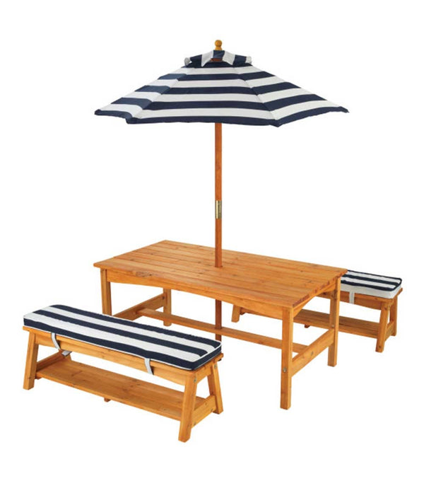 Outdoor Table & Bench Set with Cushions & Umbrella - Navy & White Stripes